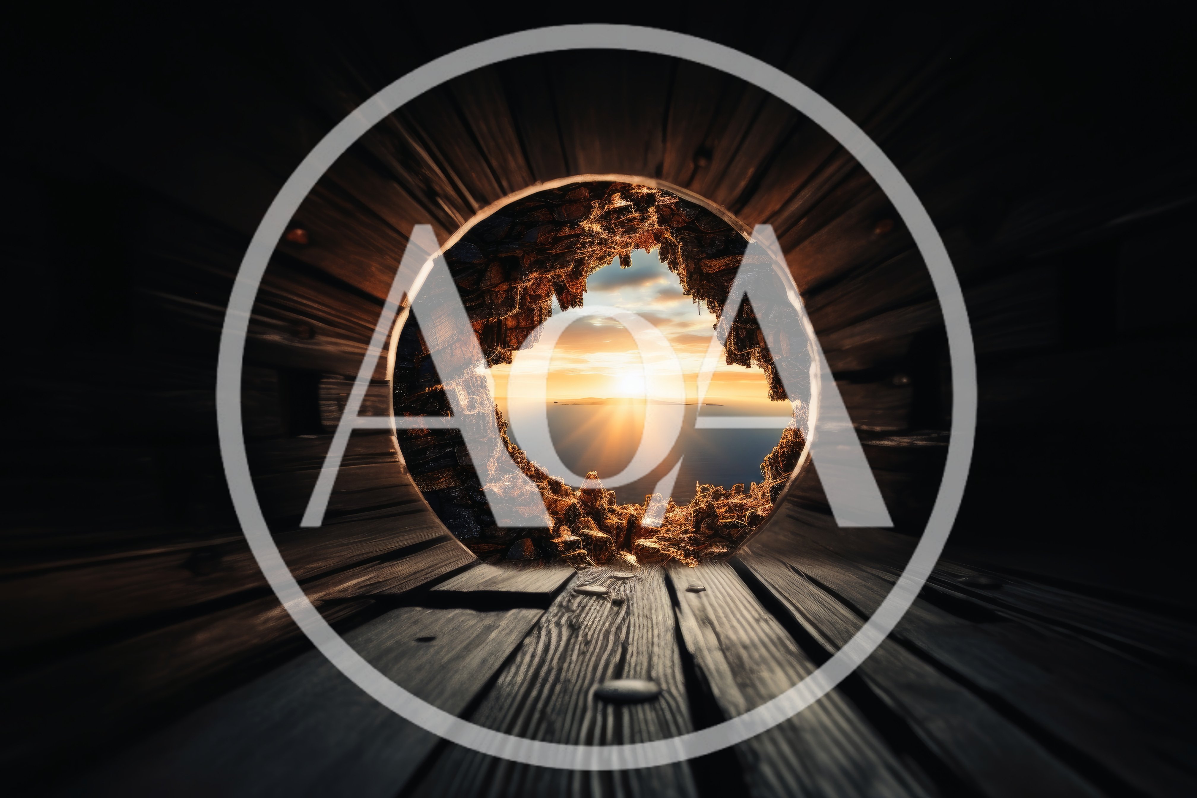 Sunset View Through A Circular Hole In Wooden Planks
