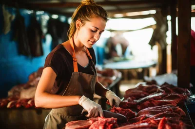 Young Female Butcher Cutting Raw Meat In Market