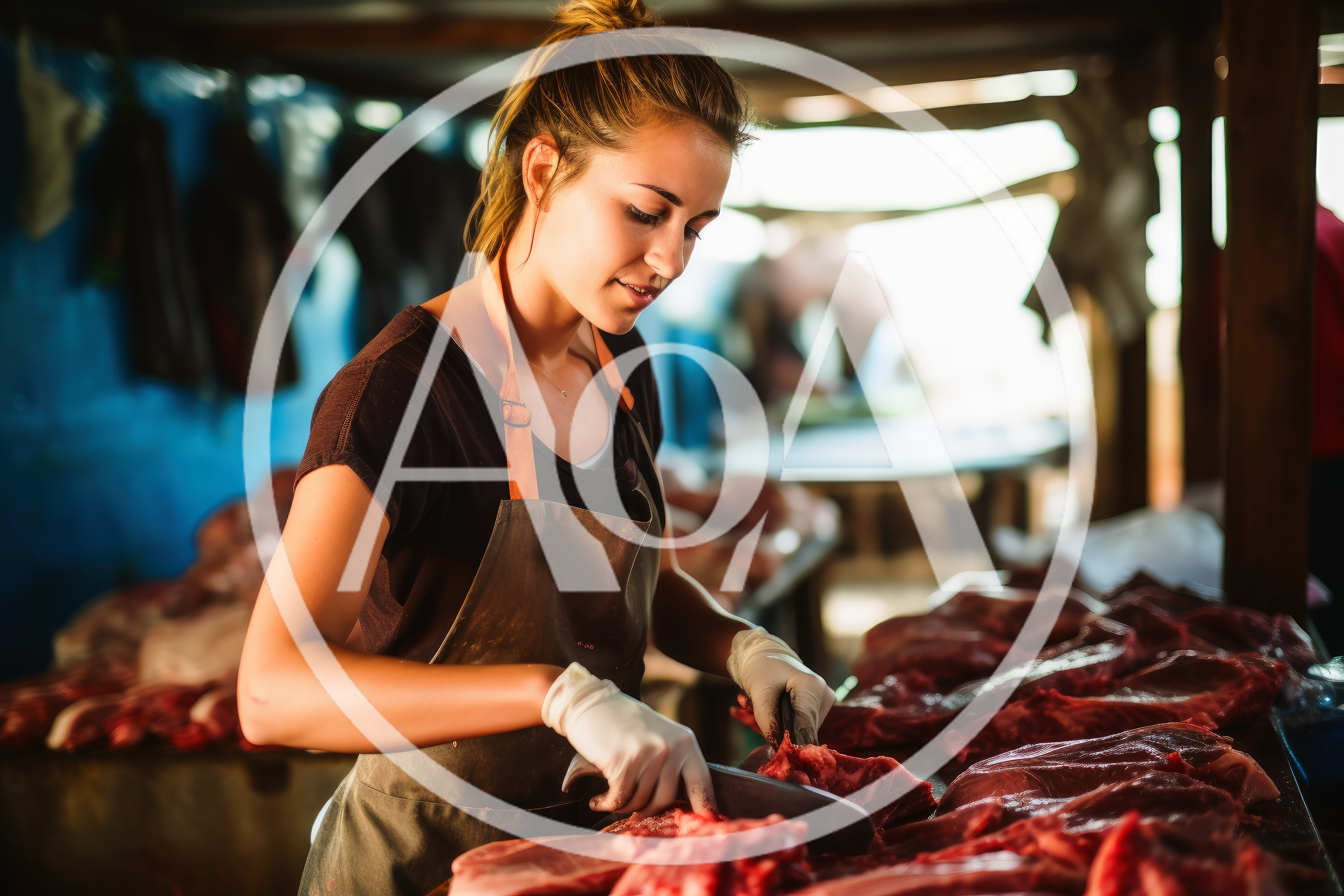 Young Female Butcher Cutting Raw Meat In Market