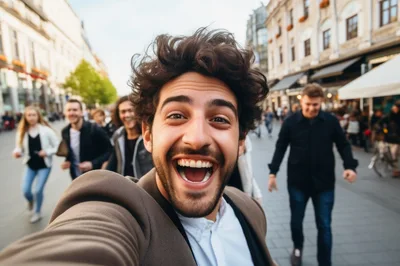 Young Man Taking A Joyful Selfie In A City