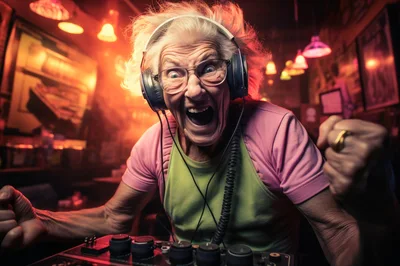 Energetic Elderly Woman DJing In A Vibrant Nightclub