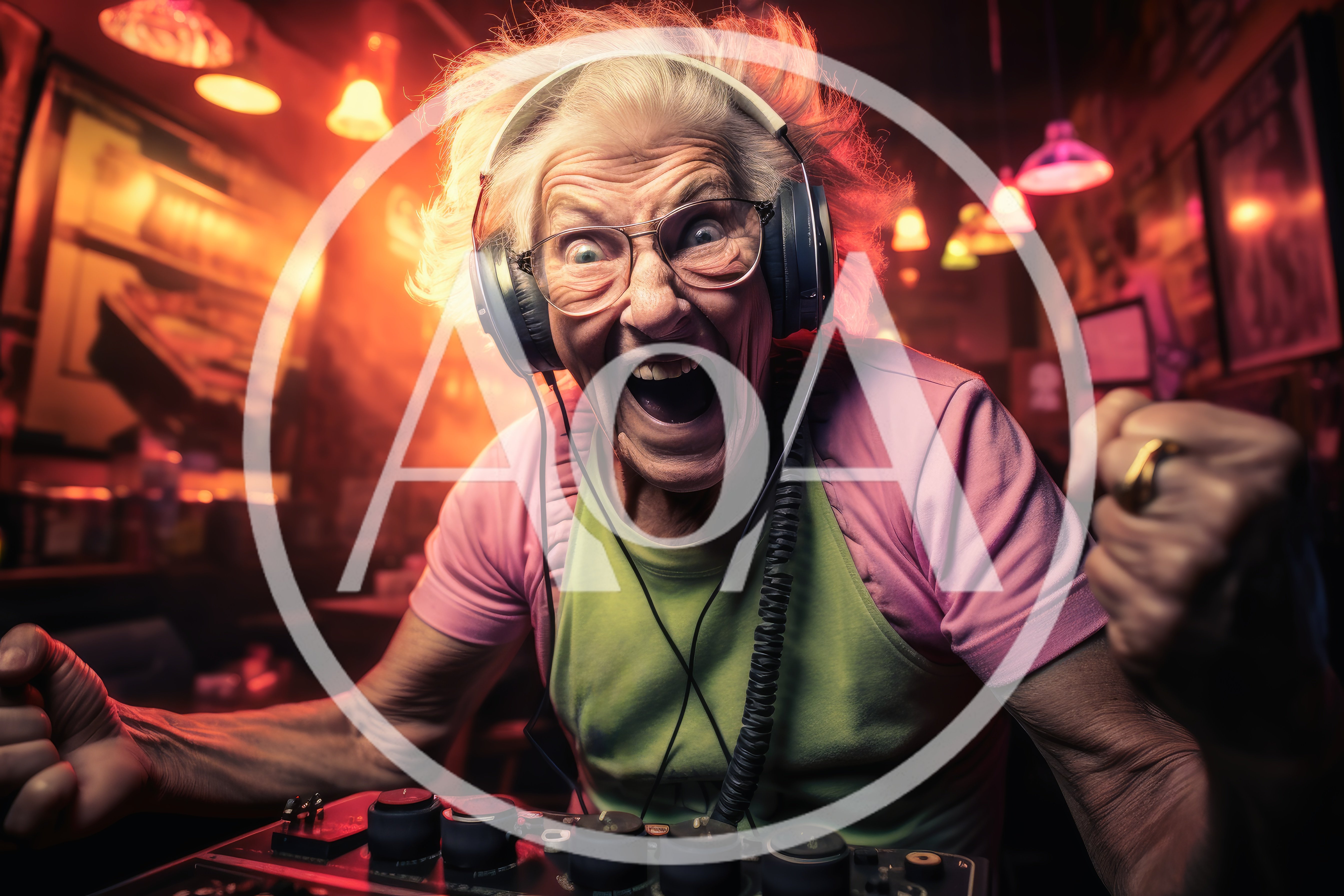 Energetic Elderly Woman DJing In A Vibrant Nightclub
