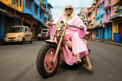 Elderly Woman Riding A Vintage Pink Motorcycle