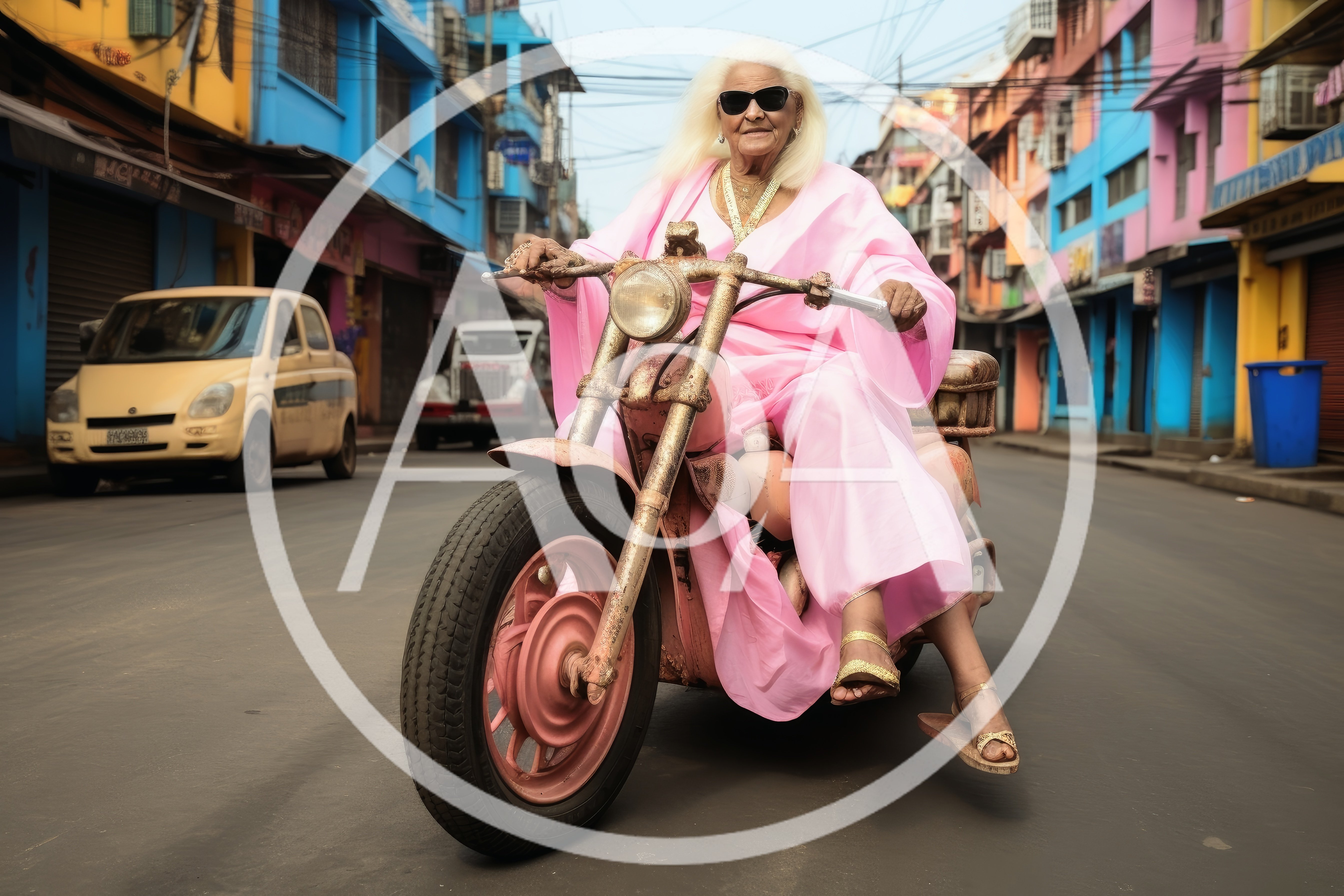 Elderly Woman Riding A Vintage Pink Motorcycle