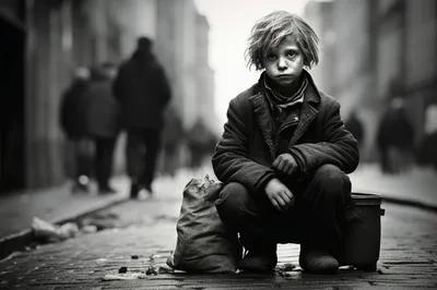 Homeless Child Sitting On A Cobblestone Street