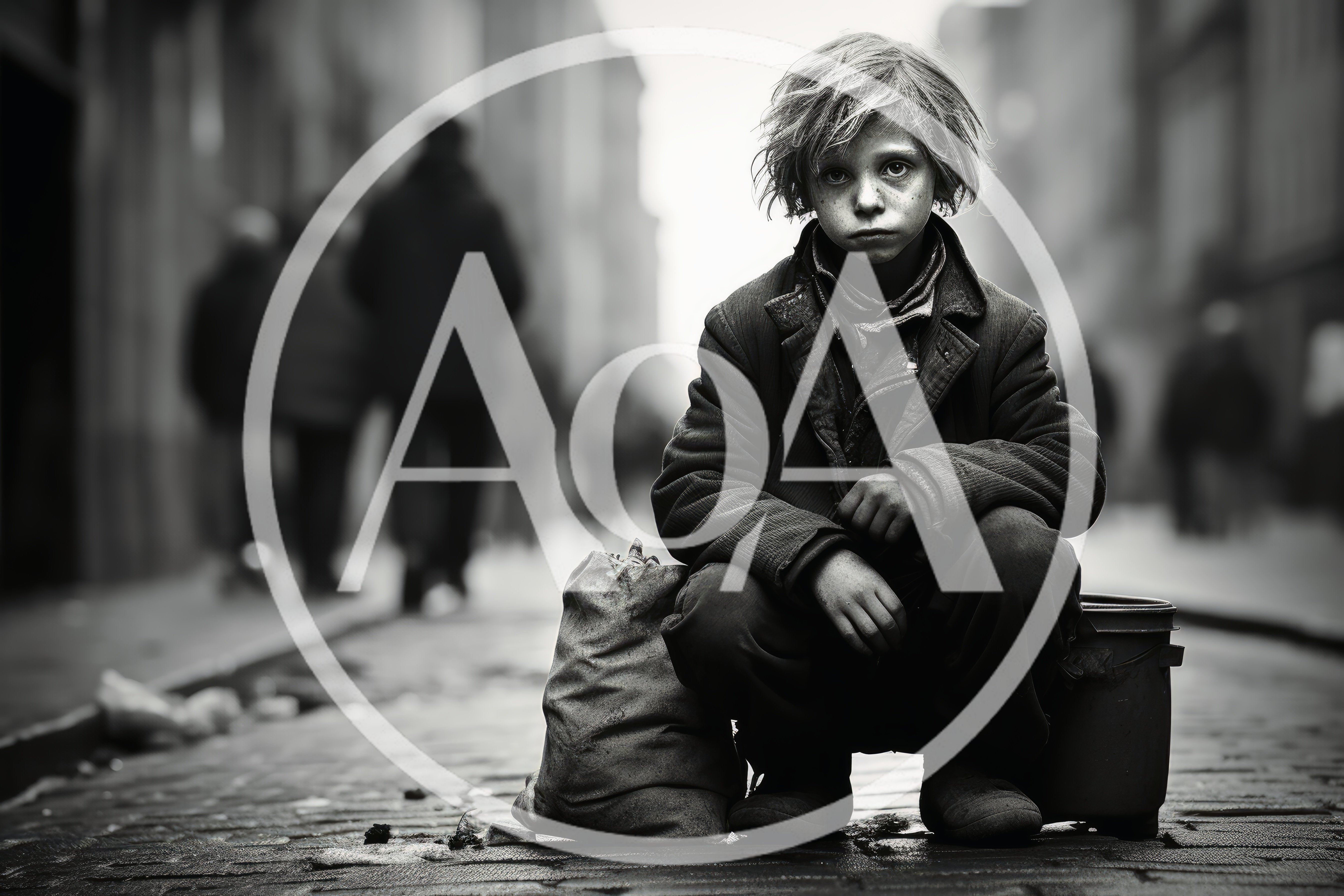 Homeless Child Sitting On A Cobblestone Street