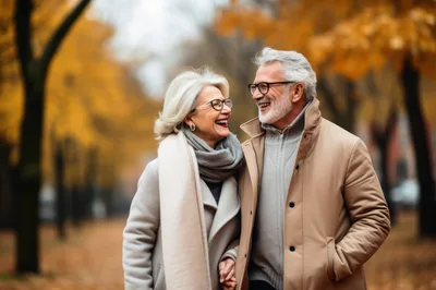 Happy Senior Couple Walking Together In Autumn Park