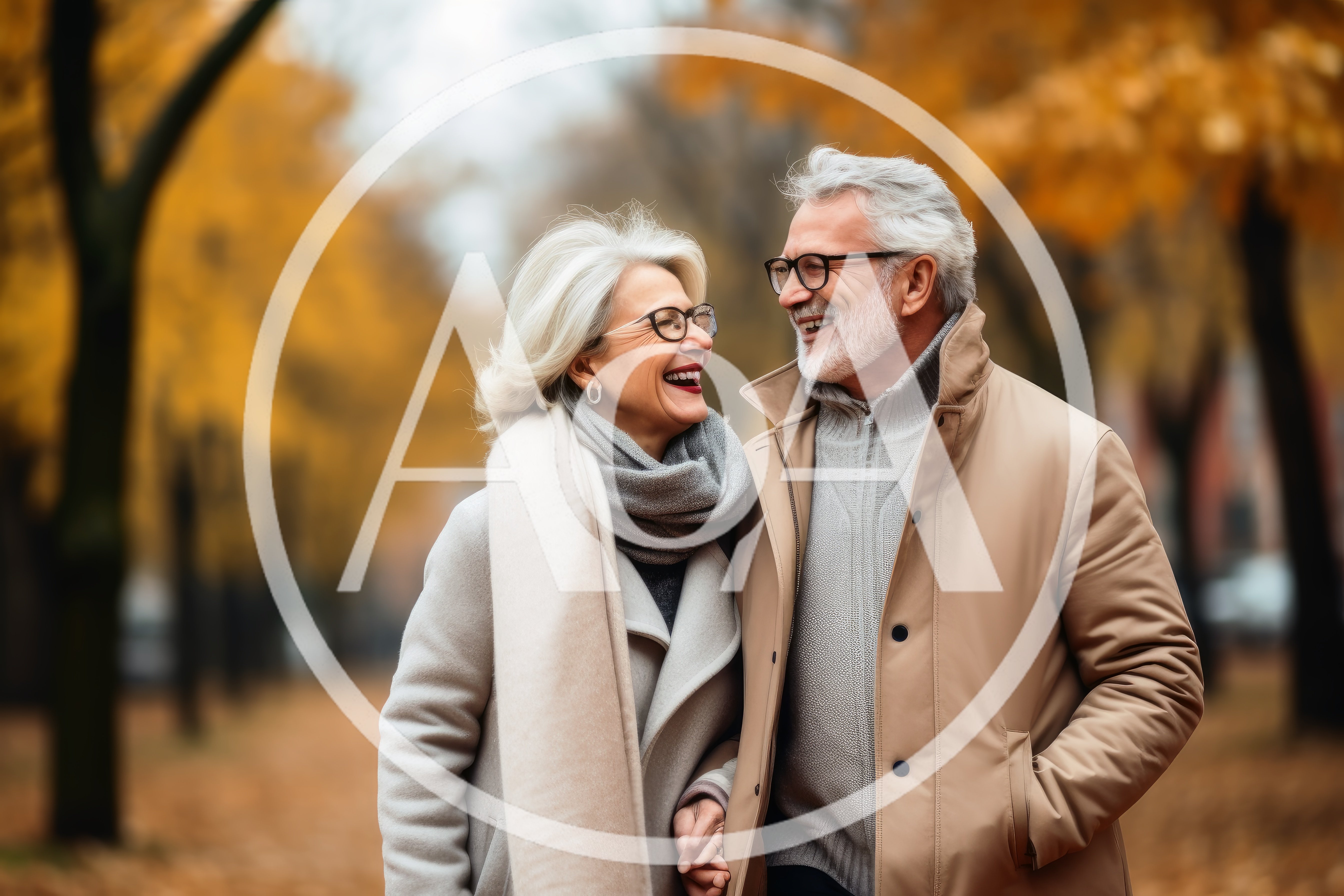 Happy Senior Couple Walking Together In Autumn Park