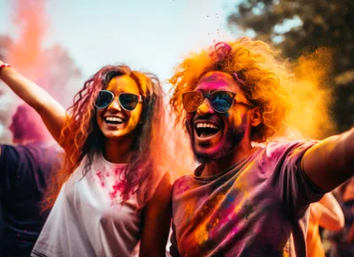 Happy Friends Celebrating Holi Festival With Colorful Powder