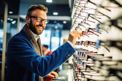 Man Choosing Eyeglasses In An Optical Store