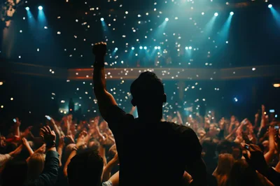 Concert Crowd Cheering With Raised Hands