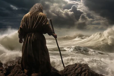 Biblical Figure Standing Before A Stormy Ocean