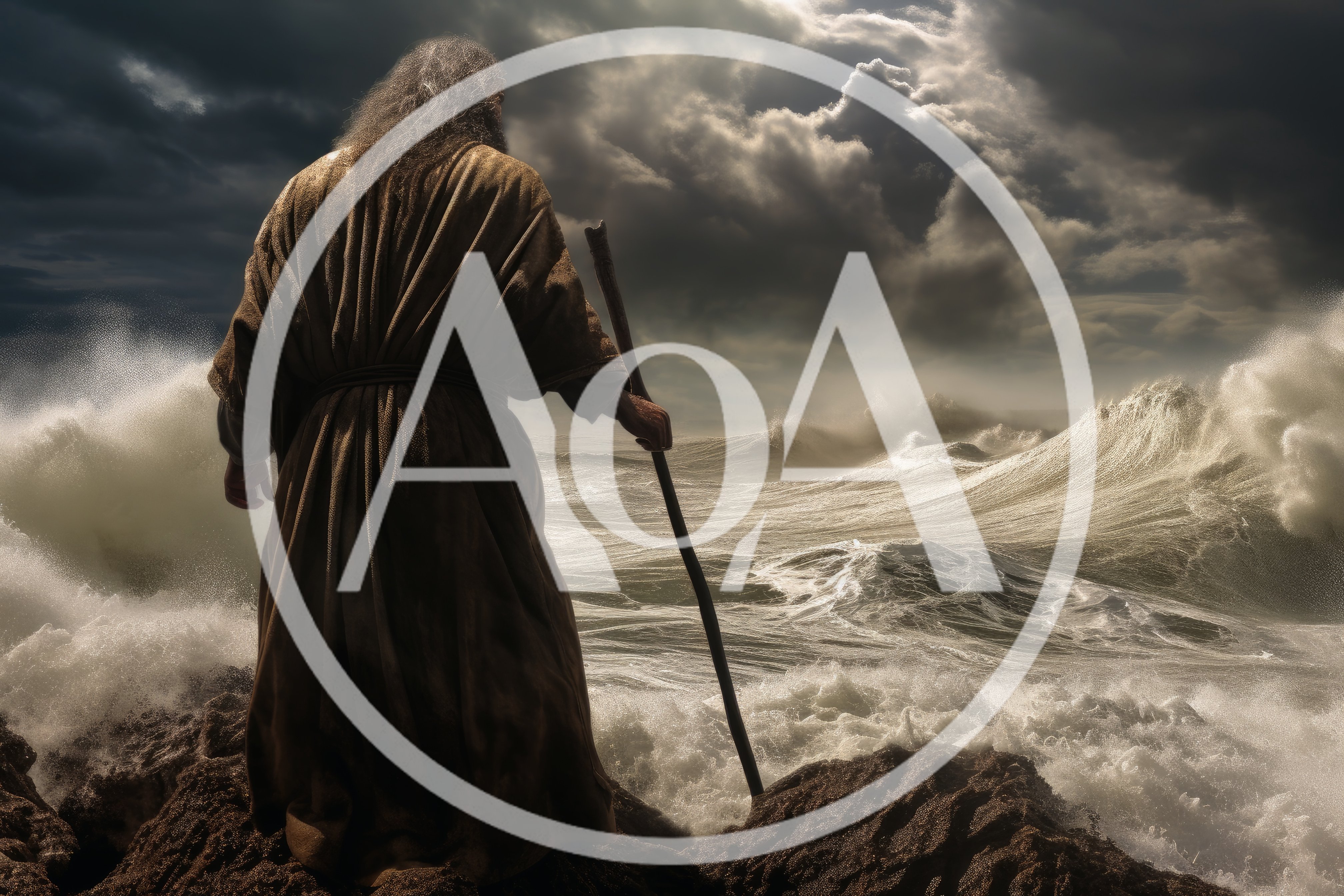 Biblical Figure Standing Before A Stormy Ocean