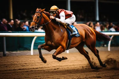Thoroughbred Racehorse Galloping On Dirt Track