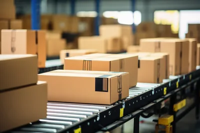 Cardboard Boxes Moving Along Warehouse Conveyor Belt
