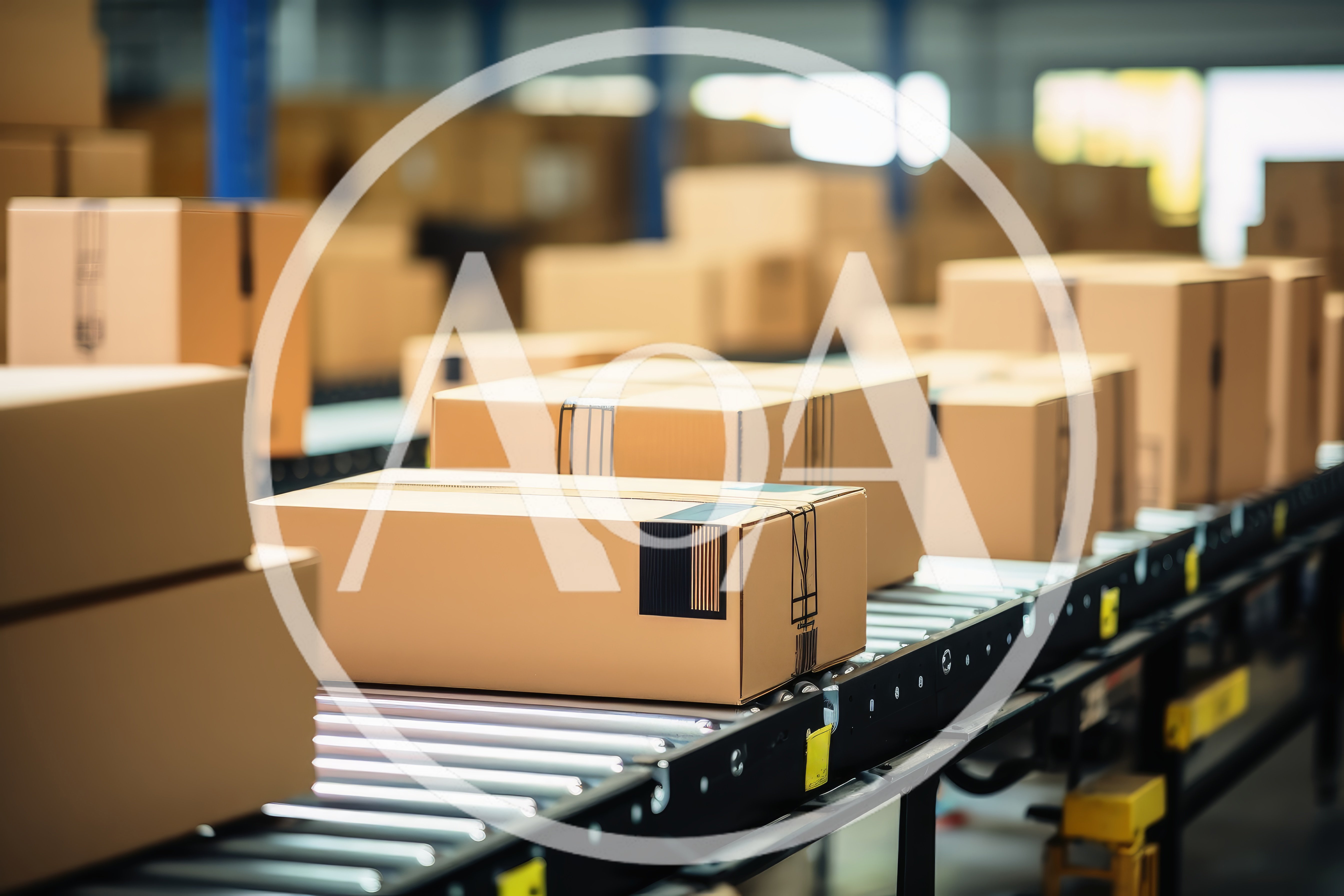 Cardboard Boxes Moving Along Warehouse Conveyor Belt