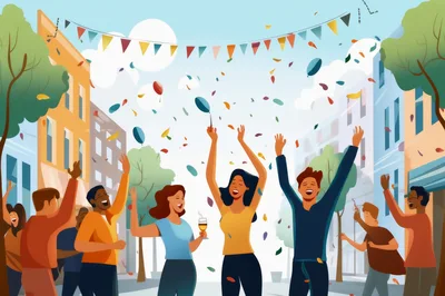Diverse Group Celebrating With Confetti In City Street