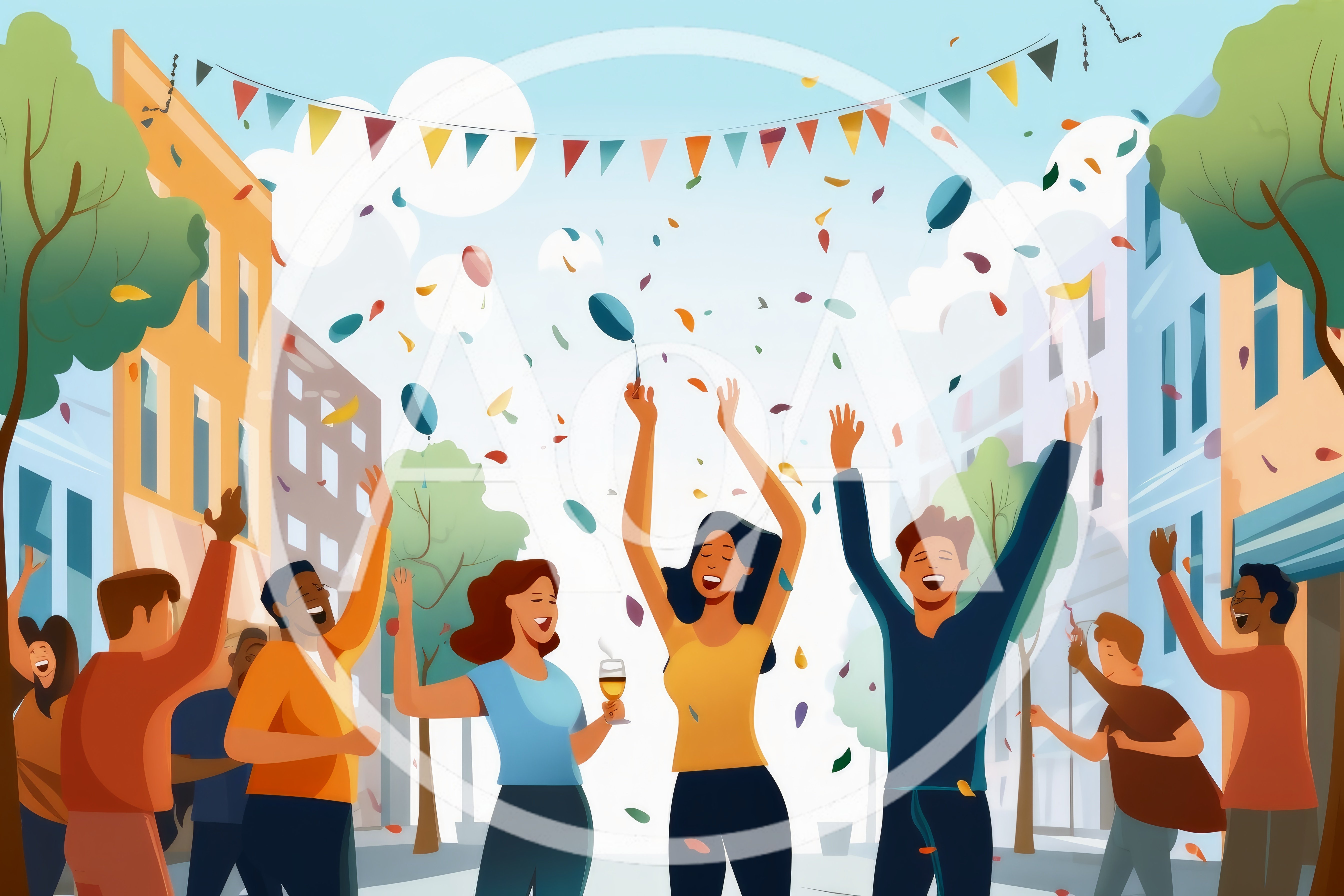 Diverse Group Celebrating With Confetti In City Street