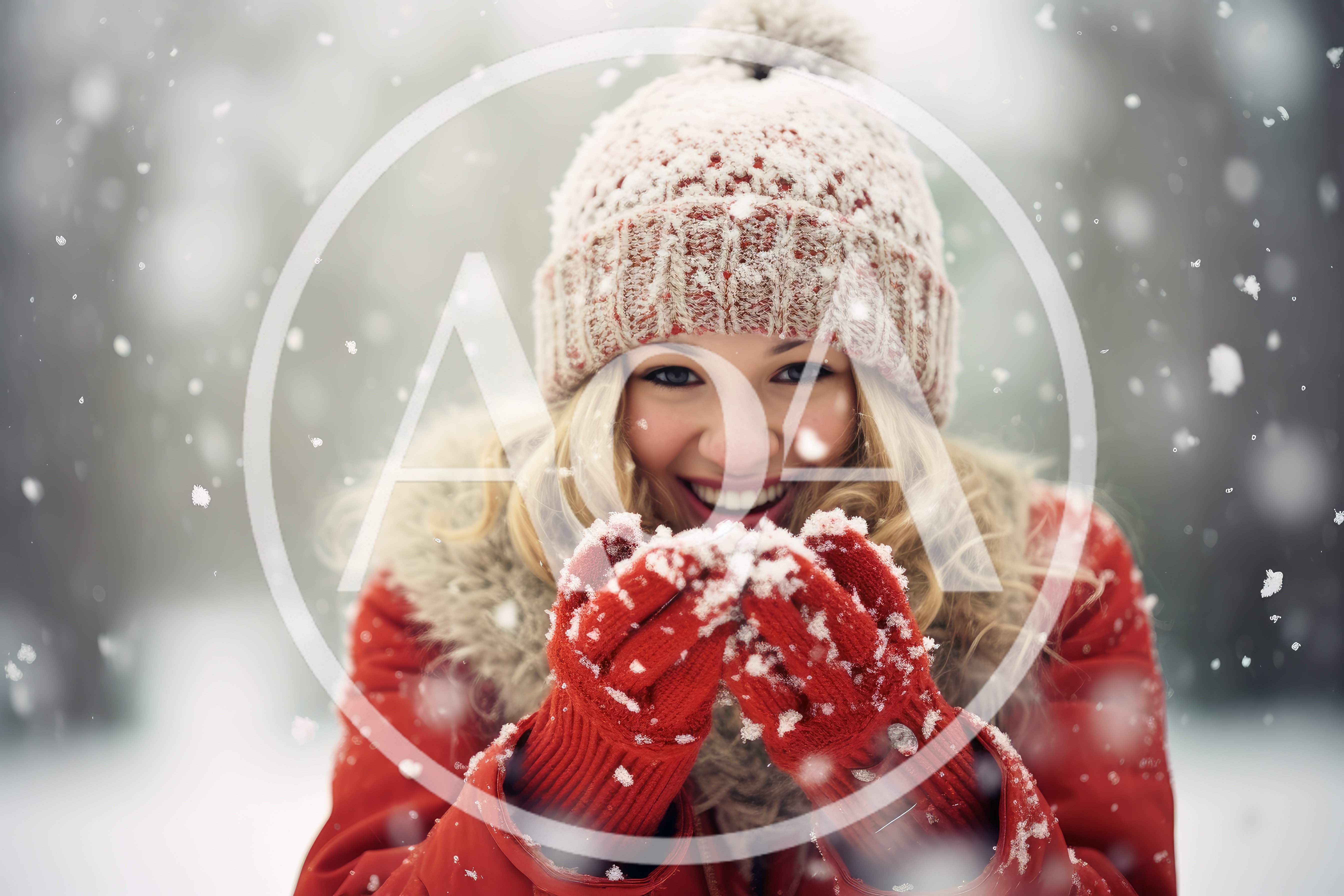 Happy Young Woman Blowing Snow From Her Hands