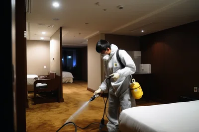 Professional Cleaner Sanitizing Hotel Room Carpet