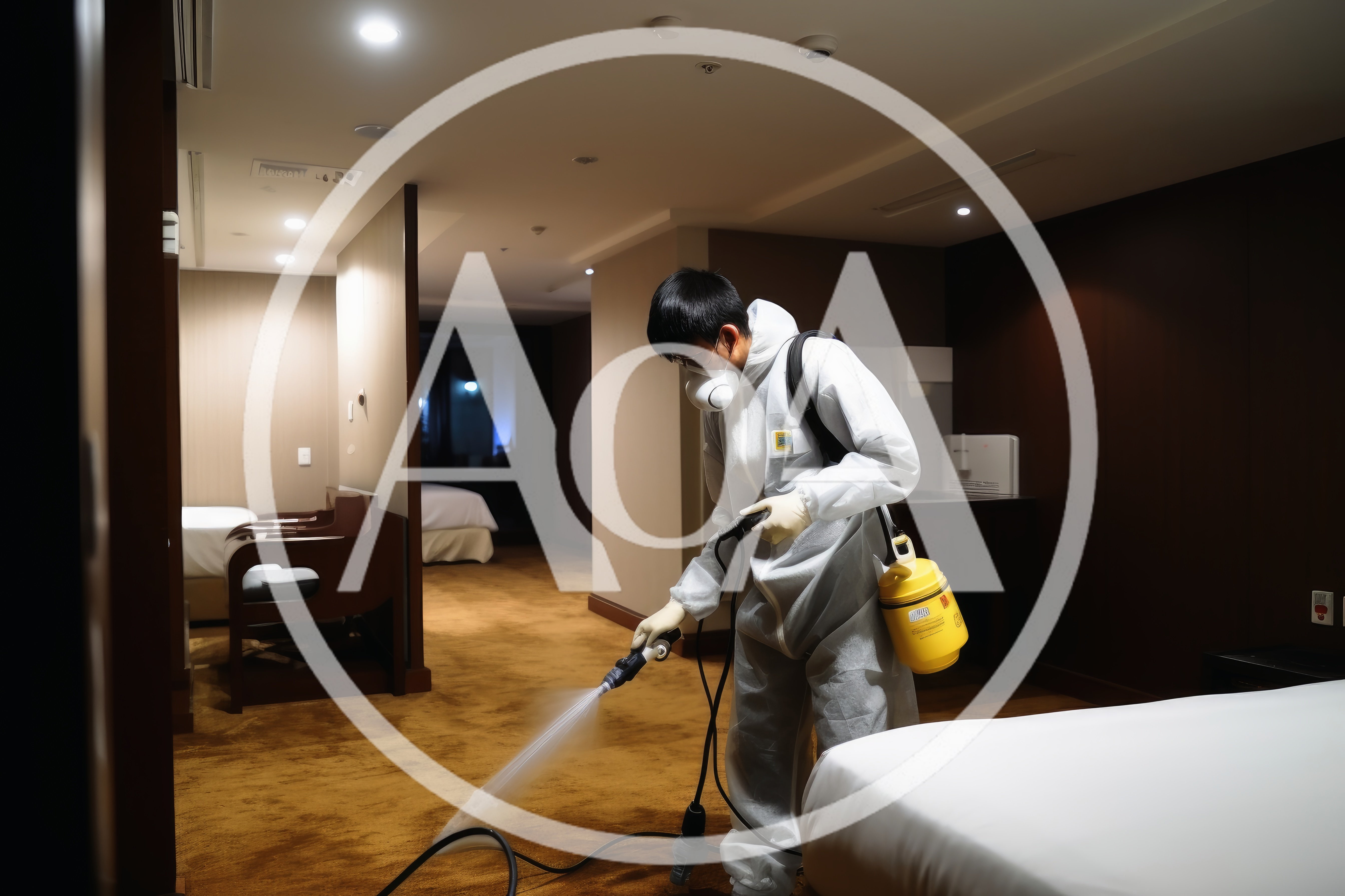 Professional Cleaner Sanitizing Hotel Room Carpet