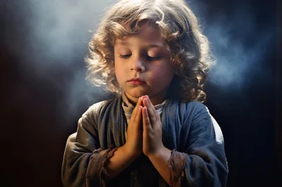 Young Child With Curly Hair Praying In Dim Light