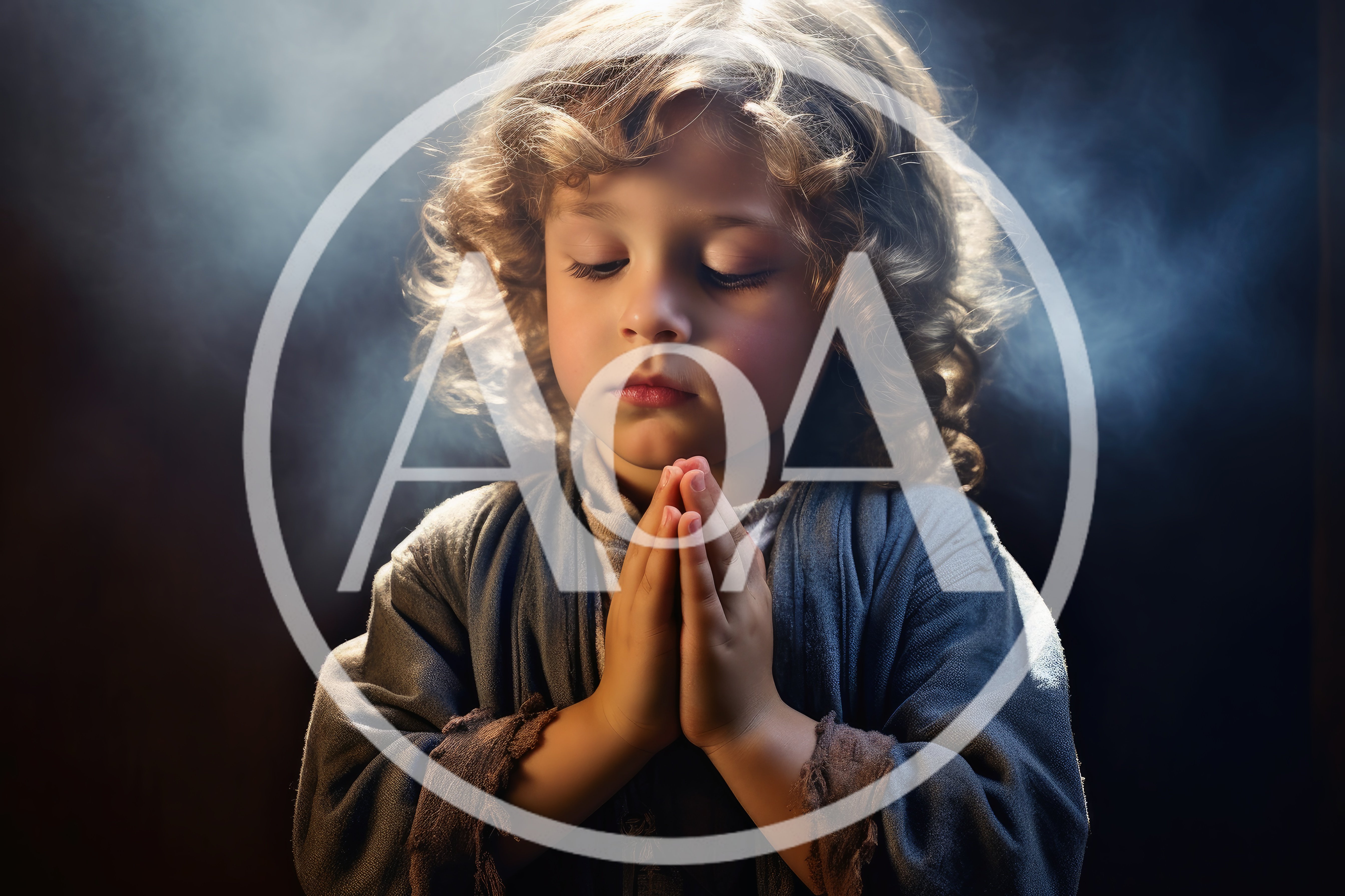 Young Child With Curly Hair Praying In Dim Light