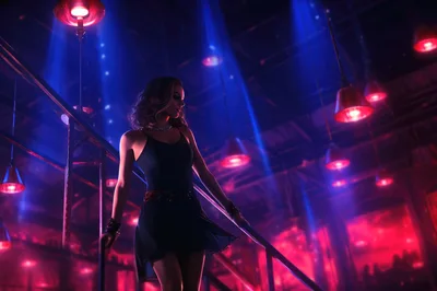 Elegant Woman Descending Stairs In A Vibrant Nightclub