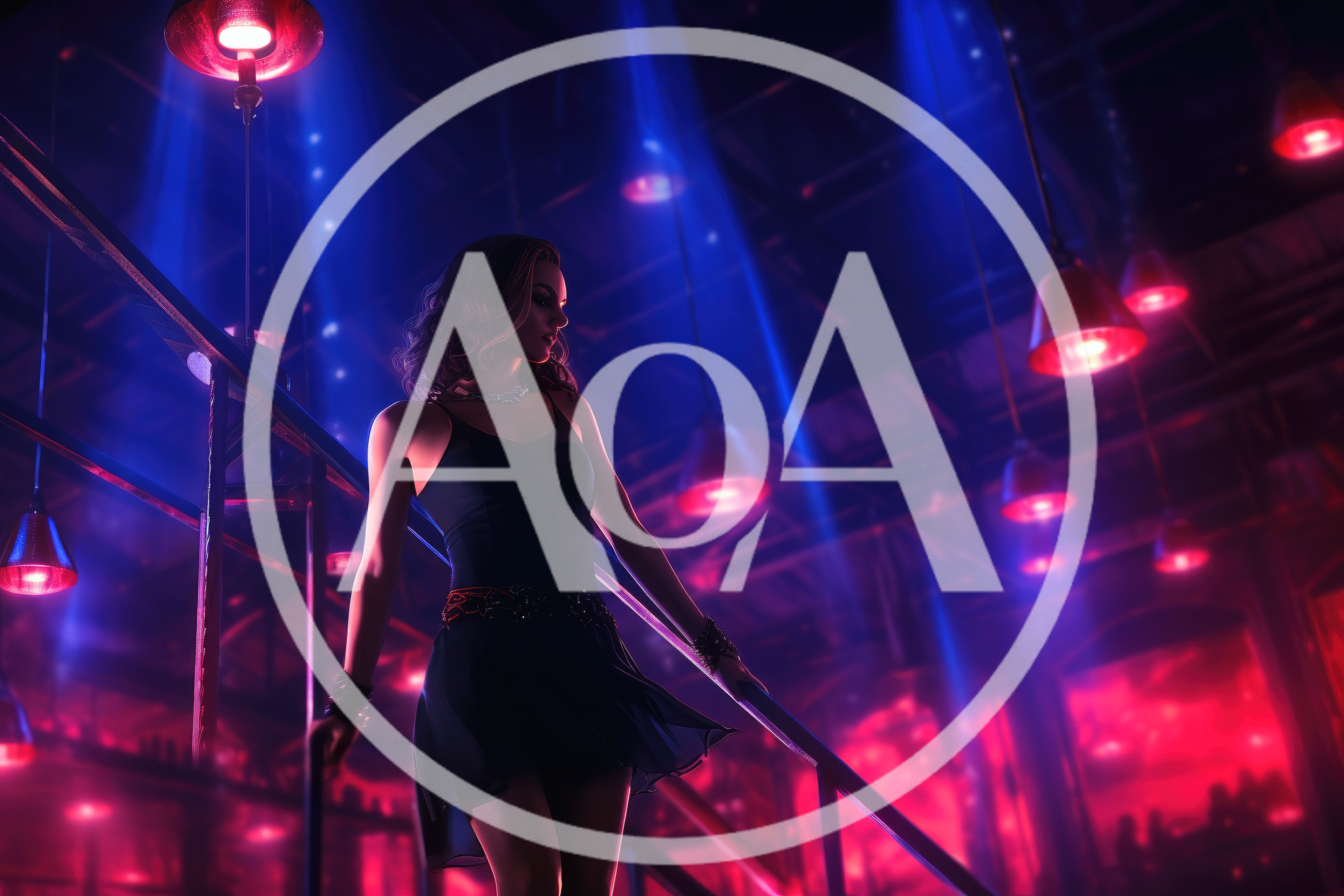 Elegant Woman Descending Stairs In A Vibrant Nightclub