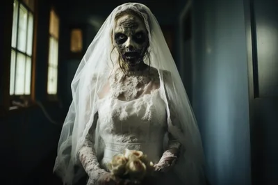 Scary Undead Bride Standing In Dark Hallway