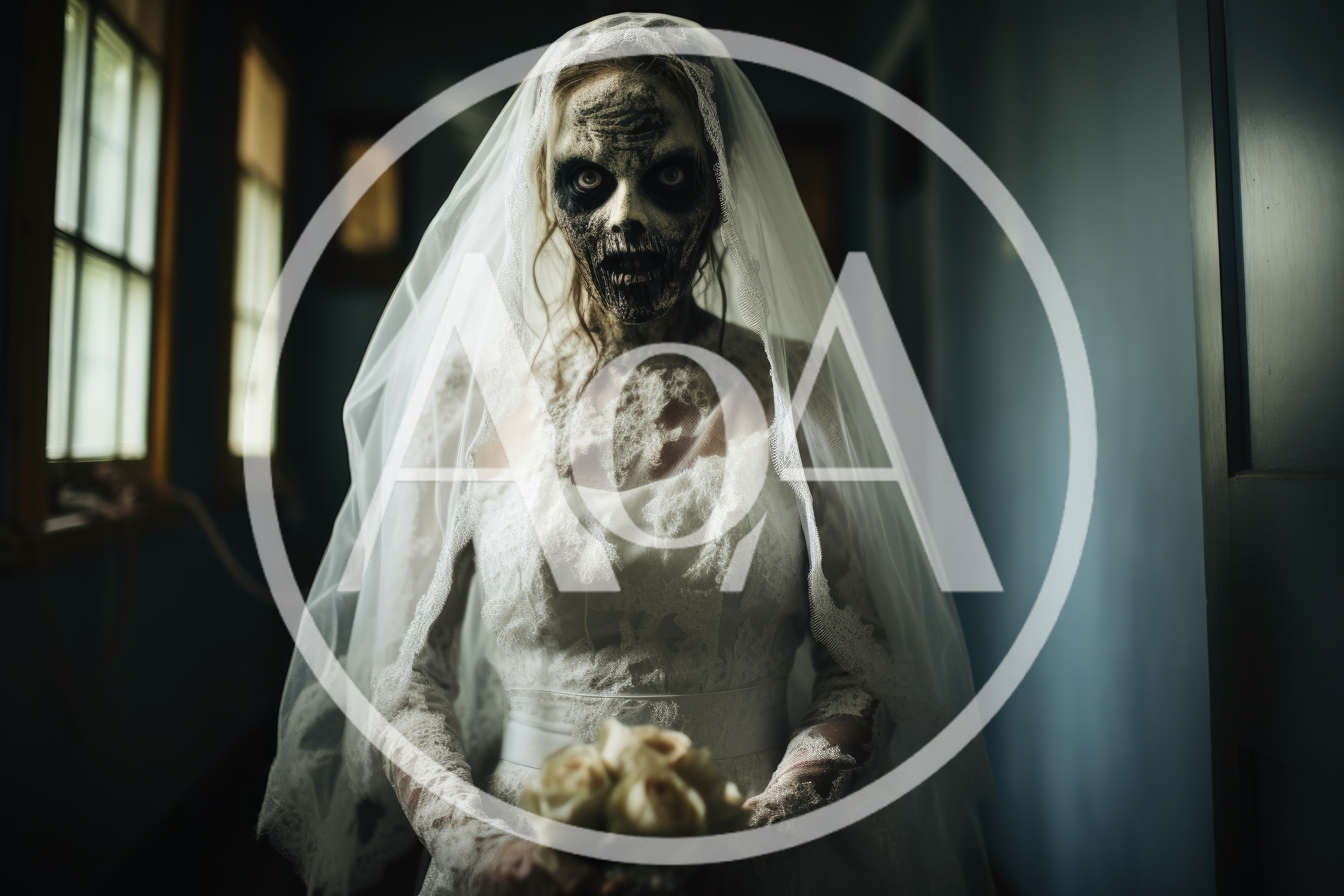 Scary Undead Bride Standing In Dark Hallway