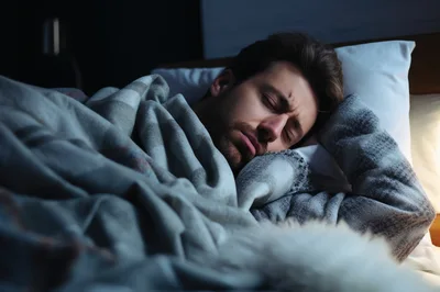 Young Man Sleeping Restlessly In Bed At Night