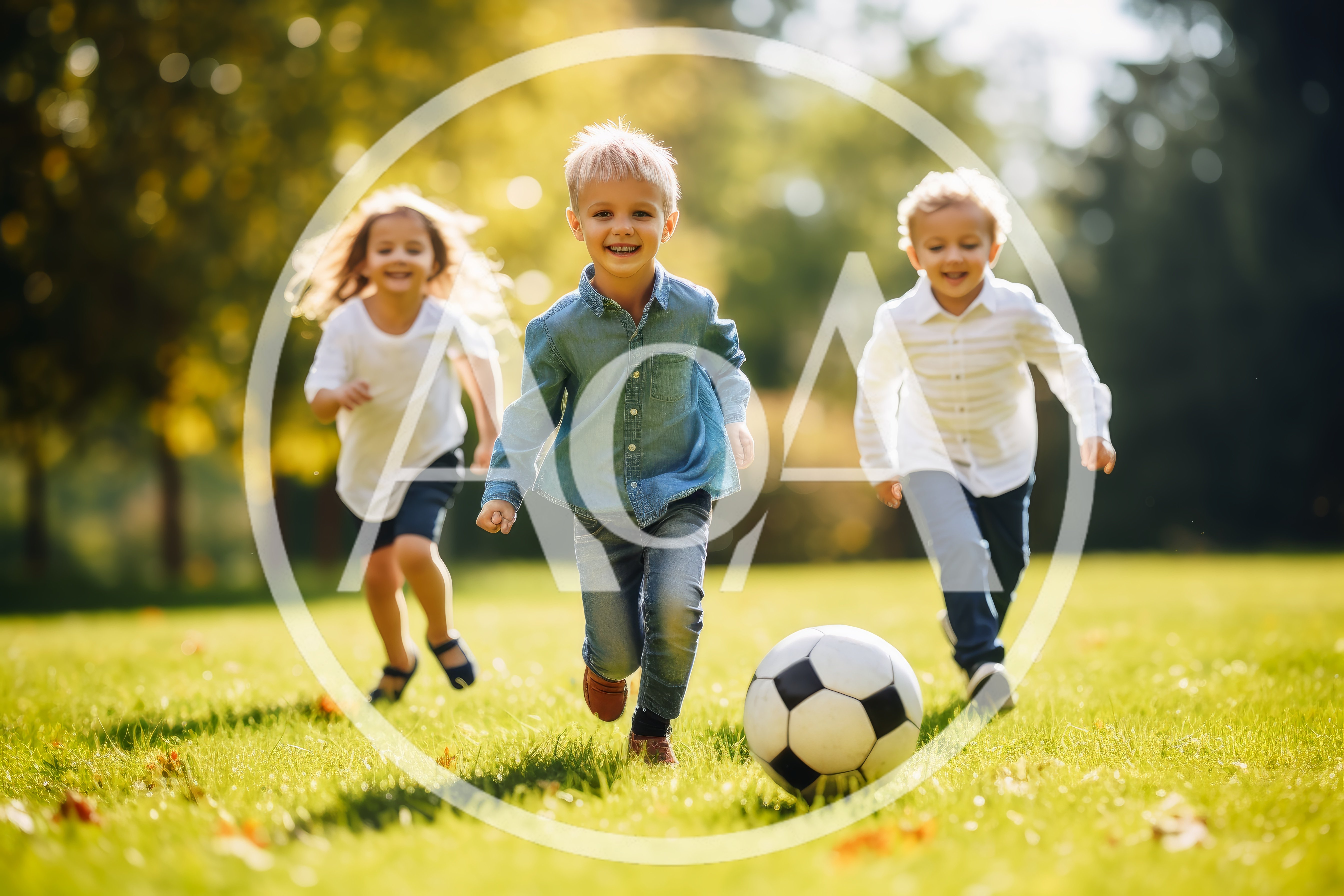 Three Happy Children Playing Soccer In A Sunny Park