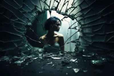 Woman Seen Through Shattered Glass Window