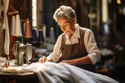 Elderly Seamstress Working At A Vintage Sewing Machine