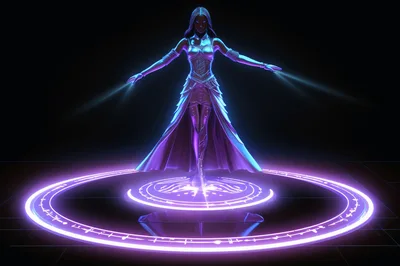 Futuristic Sorceress Casting Magic Spell In Dark Space