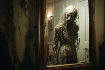 Eerie Ghostly Figure Standing Inside An Antique Mirror