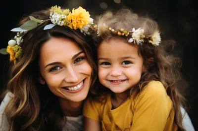 Mother and Daughter Wearing Floral Crowns Smiling Together