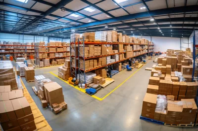 Large Industrial Warehouse With Stacked Cardboard Boxes