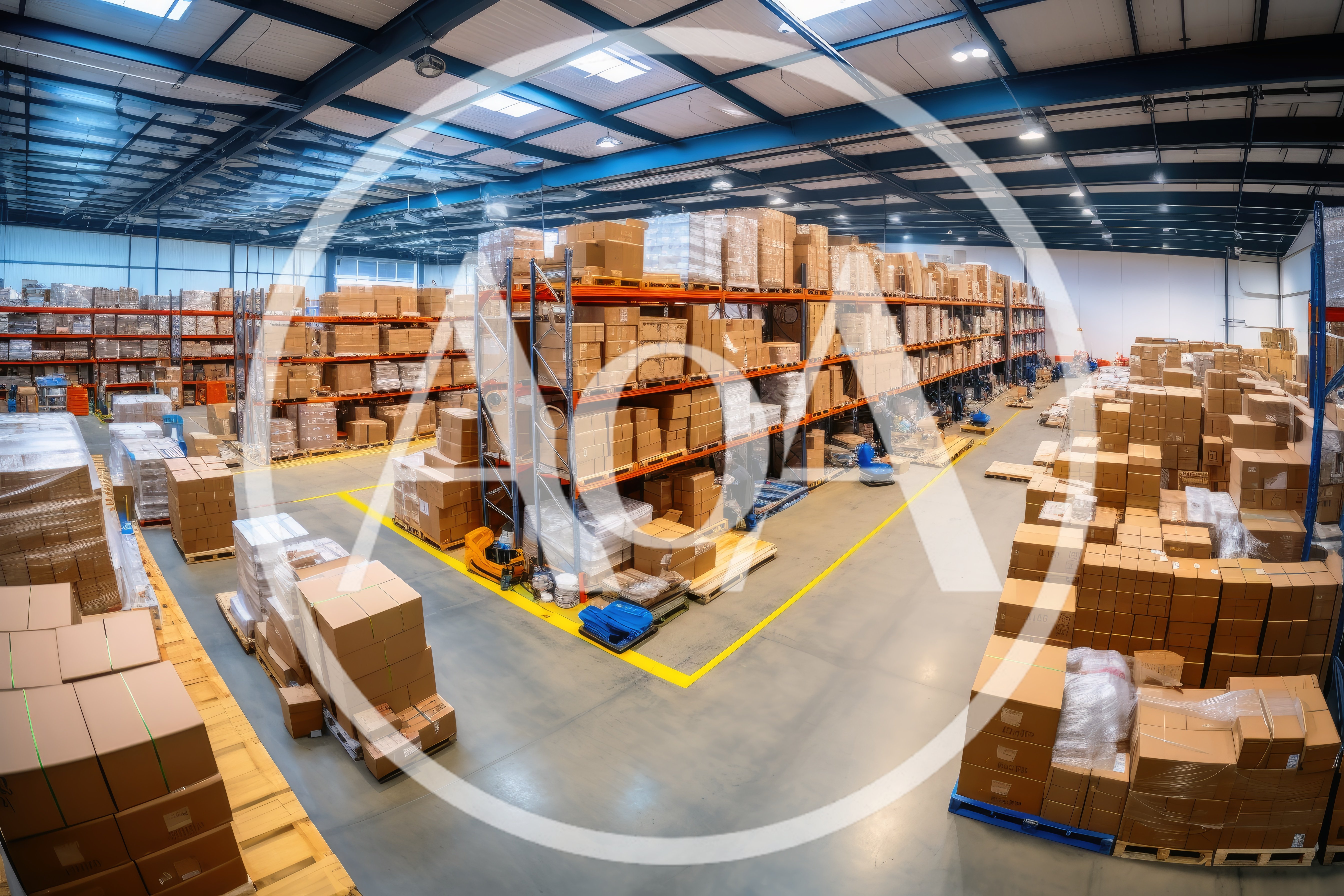 Large Industrial Warehouse With Stacked Cardboard Boxes
