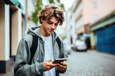 Teenage Boy Using Smartphone While Walking Down City Street