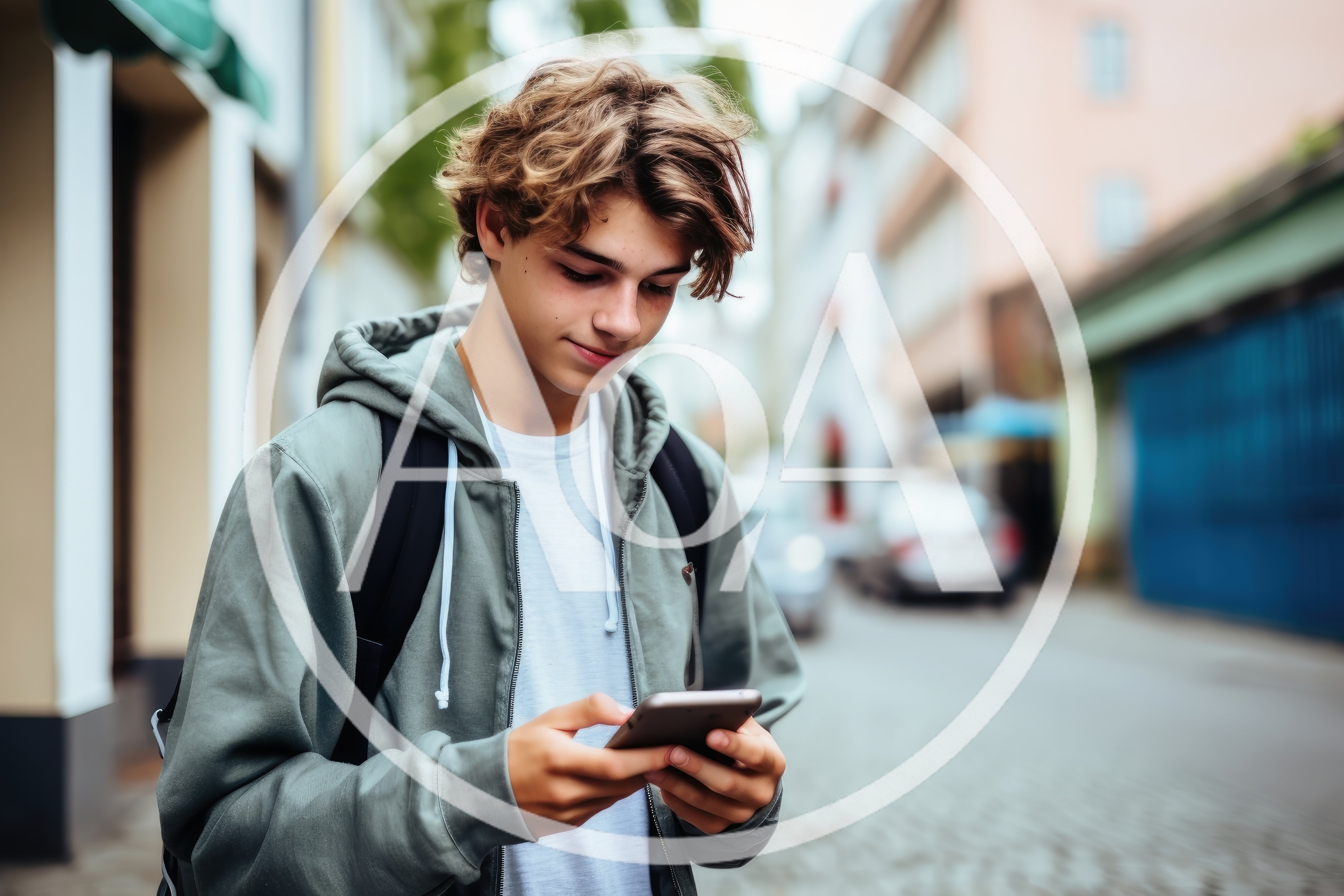 Teenage Boy Using Smartphone While Walking Down City Street