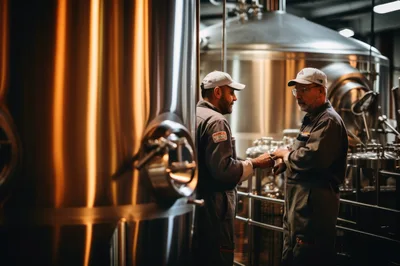 Two Brewery Workers Discussing Operations In A Production Facility