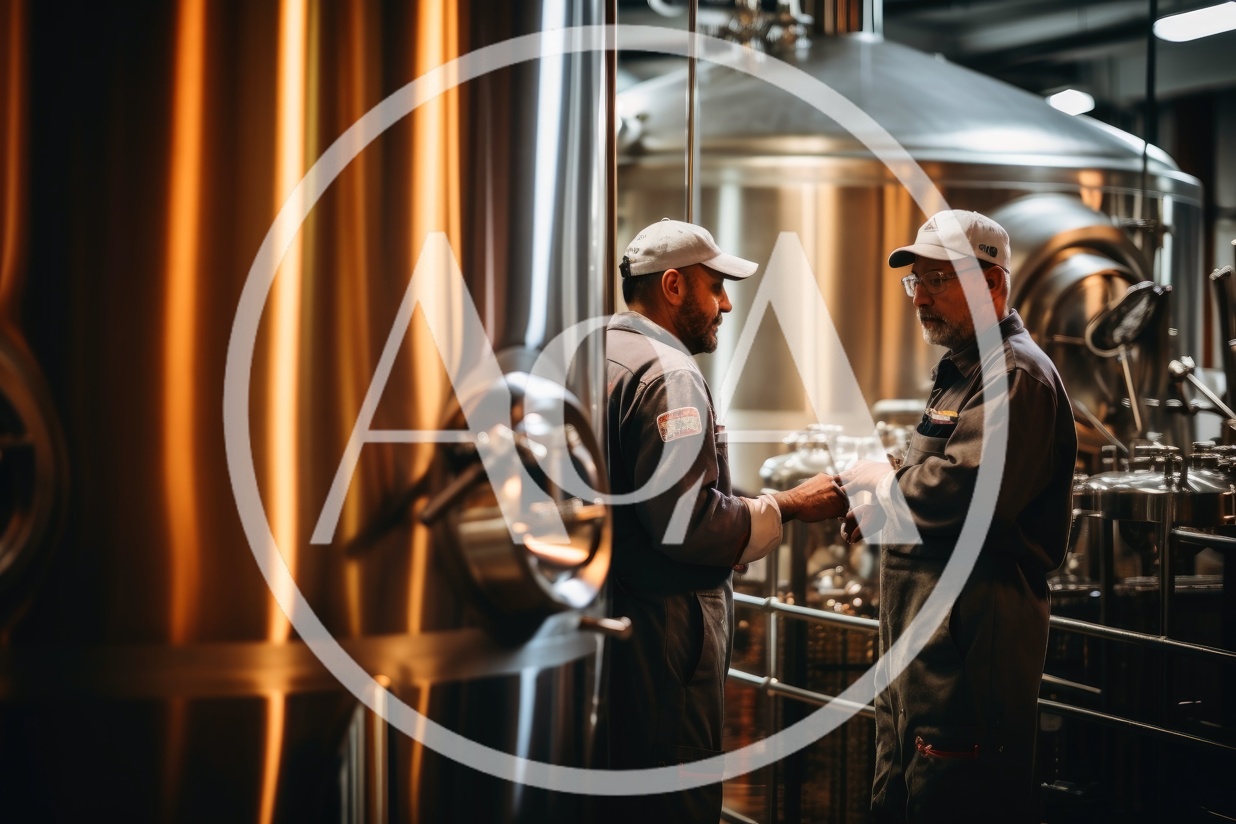 Two Brewery Workers Discussing Operations In A Production Facility