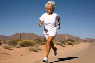 Active Senior Woman Running on Desert Road