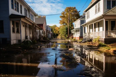 Flooded Residential Street In A Dilapidated Neighborhood