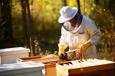 Beekeeper Inspecting Honeycomb Frame in Apiary
