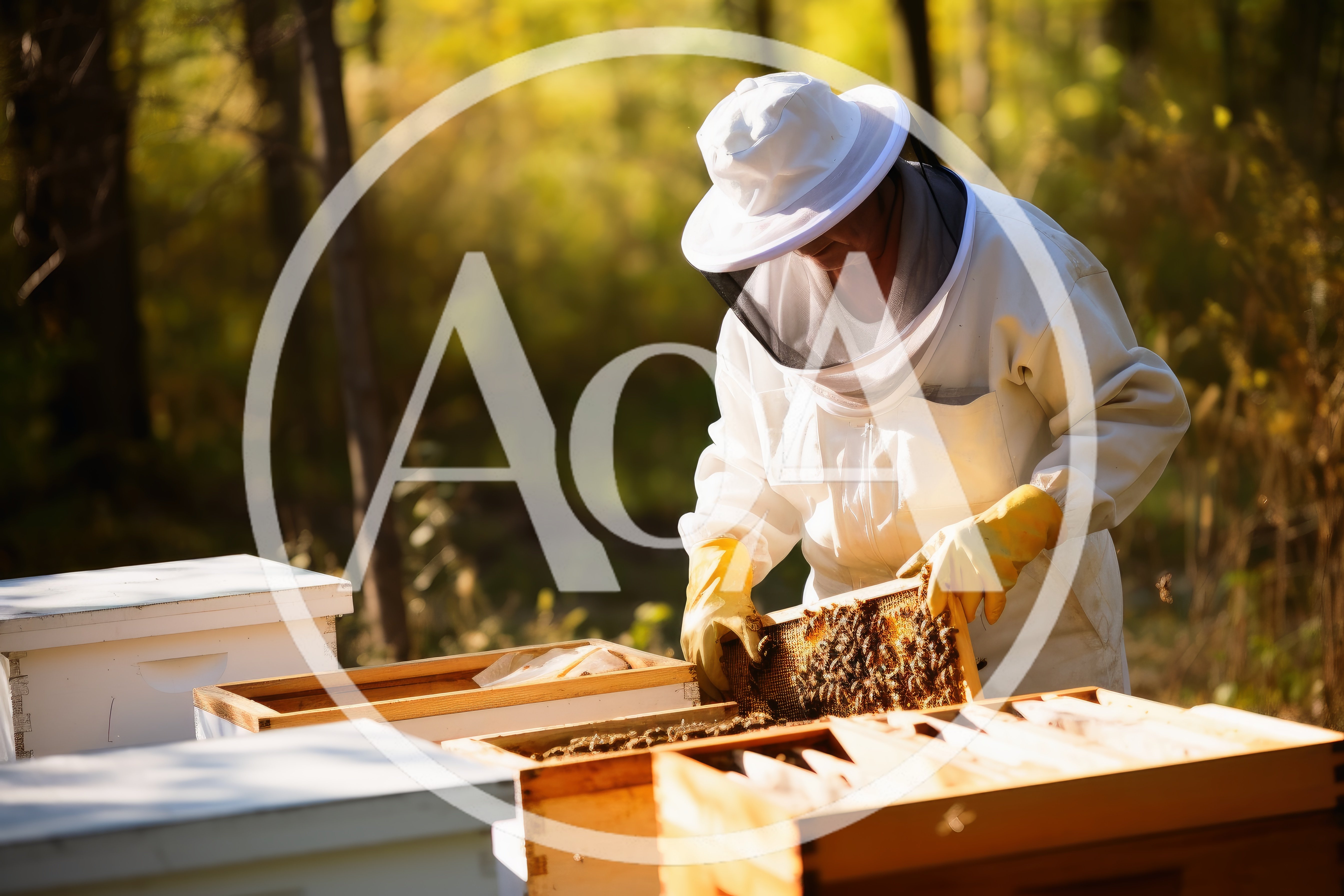 Beekeeper Inspecting Honeycomb Frame in Apiary
