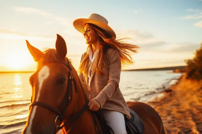 Young Woman Riding Horse Along Beach At Sunset