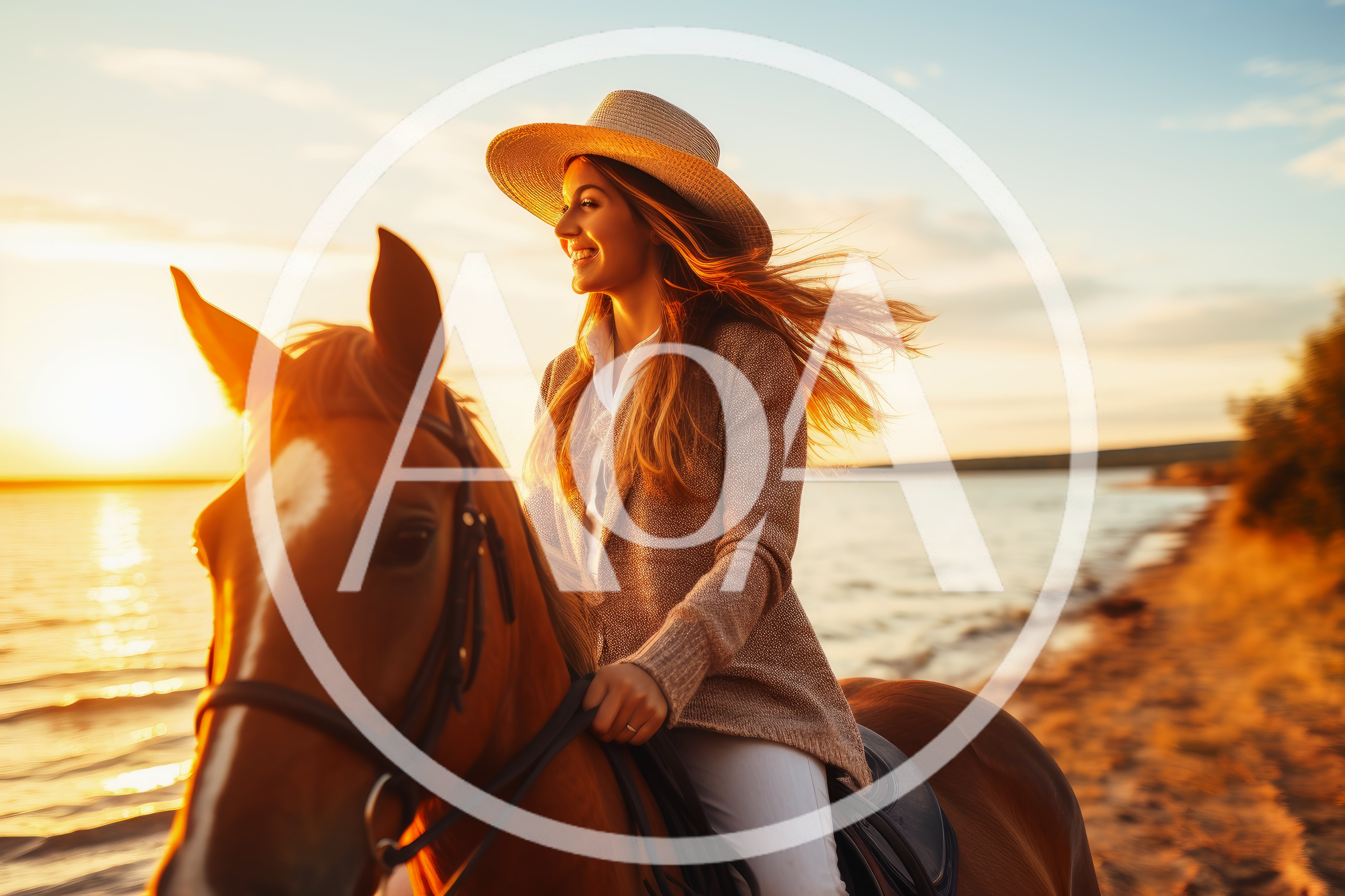 Young Woman Riding Horse Along Beach At Sunset